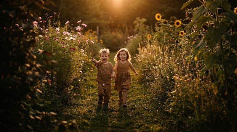 Kids running through a garden